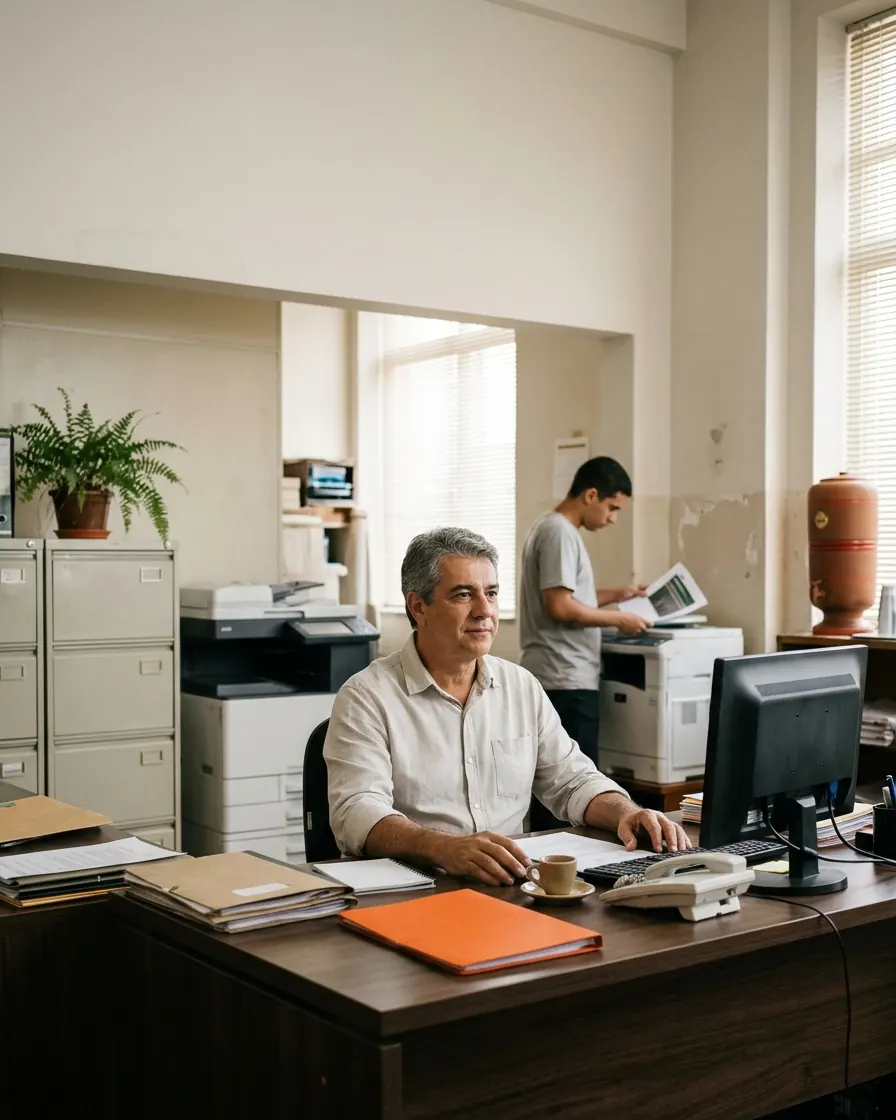 Dono de empresa esperando na mesa do escritório enquanto um funcionário imprime um relatório para ele